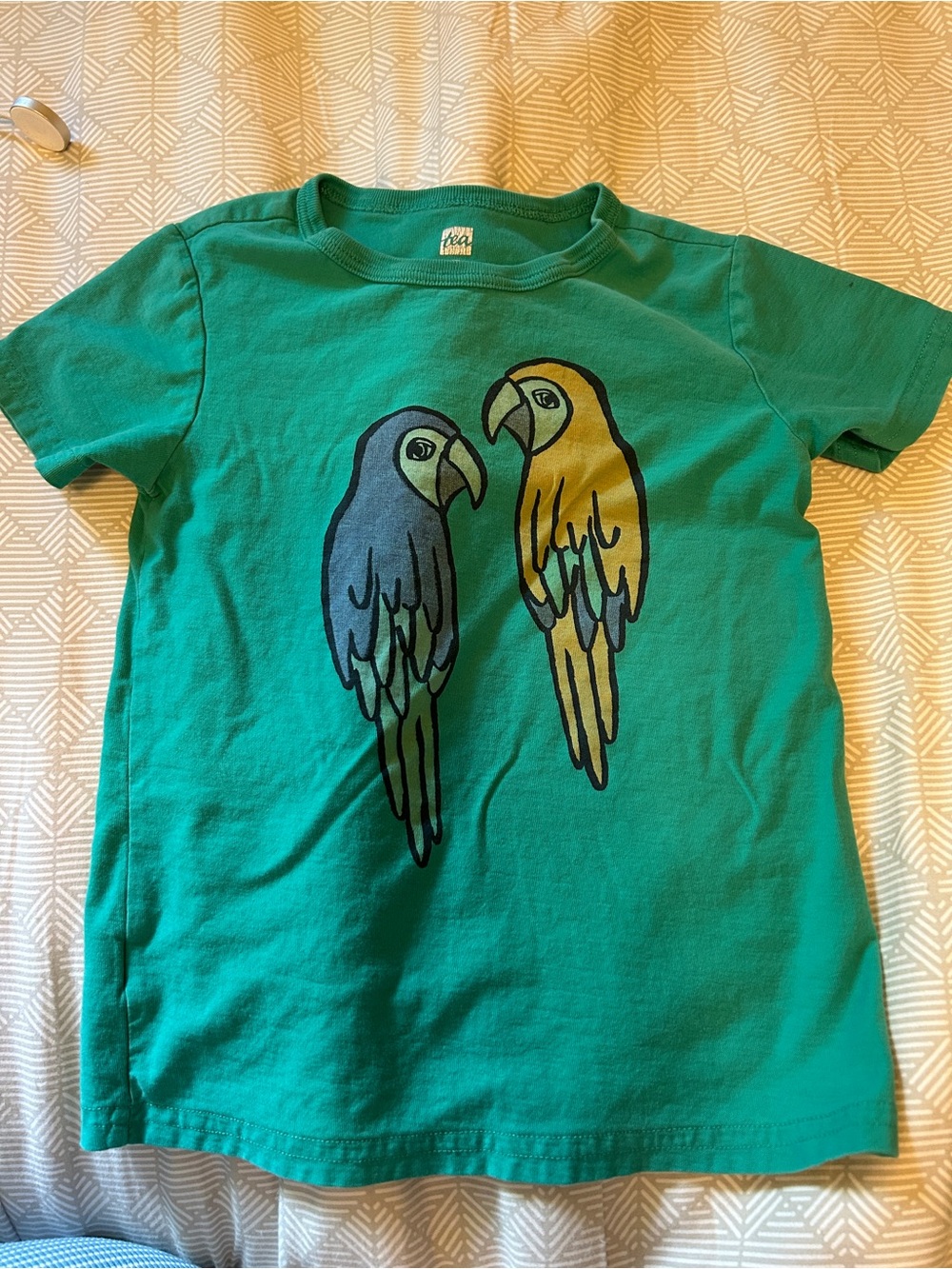 Tea Collection Teal Tee with Blue and Yellow Parrots